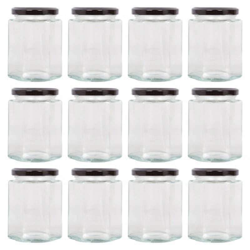 Image of Argon Tableware Hexagonal Glass Jam Jars With Black Lids - 250ml - Pack Of 12