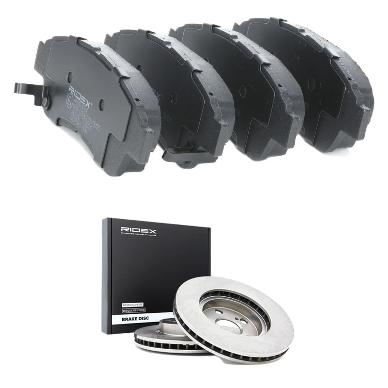 Image of RIDEX 3405B2526 Brake disc and pads set Front Axle, Brake Disc Type: internally vented, with acoustic wear warning Brake Set,disc brakes (3405)
