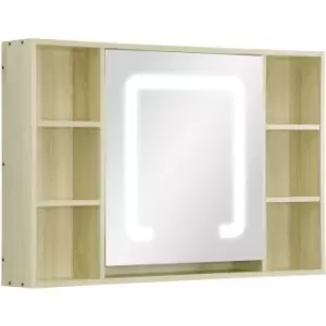 image of Led Bathroom Mirror Cabinet Wall-Mounted w/ Adjustable Shelves Natural - Kleankin