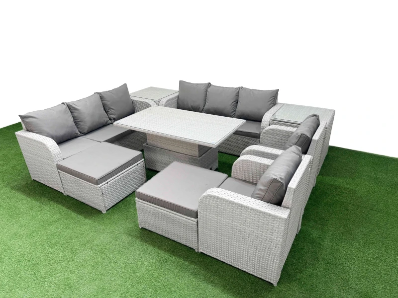 Image of Fimous PE Rattan High Back Lounge Sofa Set with 3 Seater Sofa Reclining Chair 2 Big Footstool 2 Side Table Light Grey