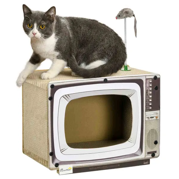 Image of PawHut TV-Shaped Cardboard Cat House w/ Scratcher, Catnip