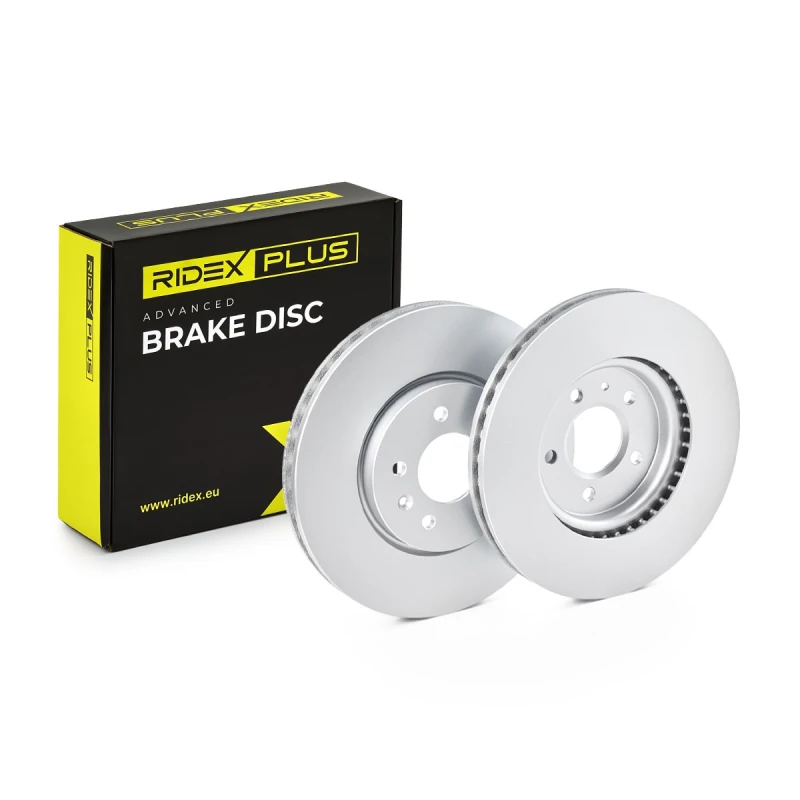 Image of RIDEX PLUS 82B0845P Brake disc Front Axle, Vented, Grey Cast Iron, Coated, High-carbon, with bolts/screws Grey Cast Iron Brake Disc (82)