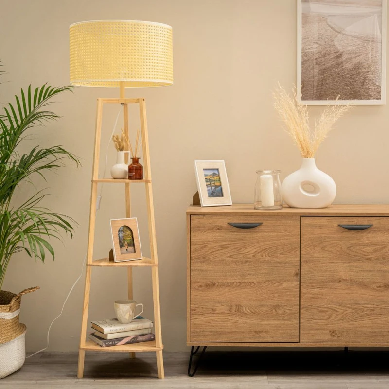 Image of ValueLights Hiru Natural 3 Tier Wooden Shelf Floor Lamp With XL Drum Wicker Shade Silver