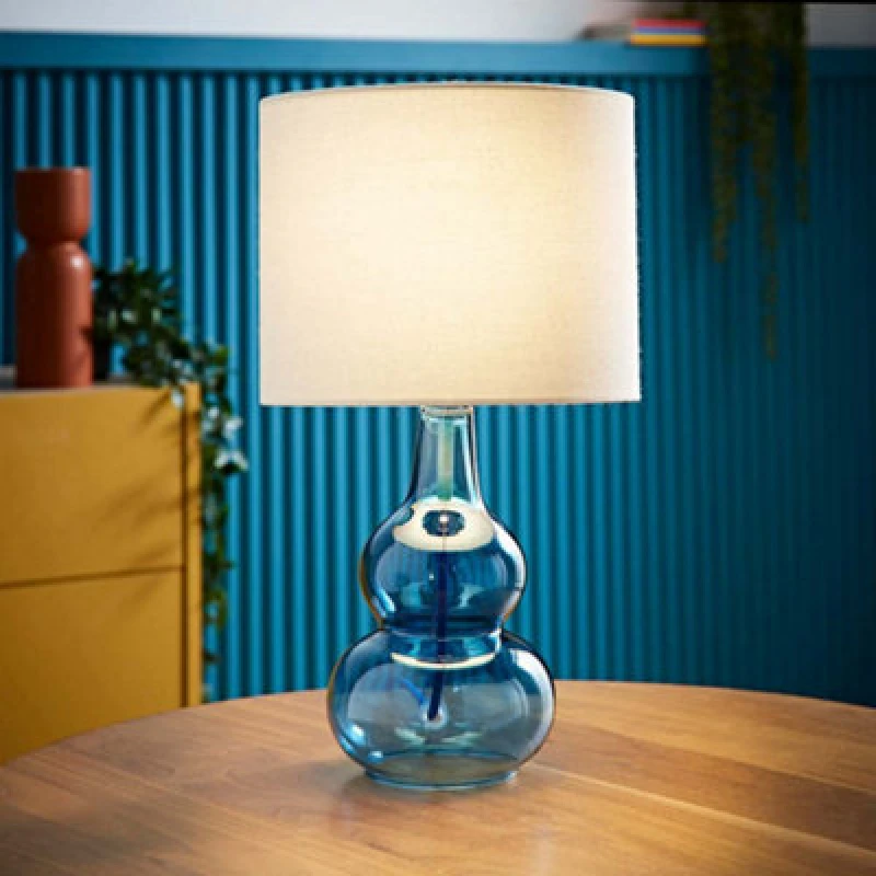 Image of ValueLights ValueLights Aida Natural Linen Tall Lamp Shade Bright Bubble Glass Table Lamp in Bright Blue Bright Blue One Size Unisex 5016529271772
