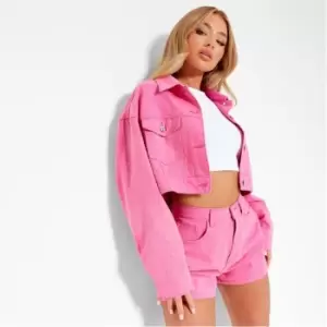 image of I Saw It First Diamante Crop Denim Jacket - Pink