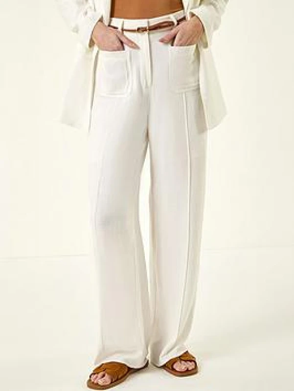 Image of Roman Womens Linen Blend Belted Trouser in Ivory Size: 20 Ivory Female 20