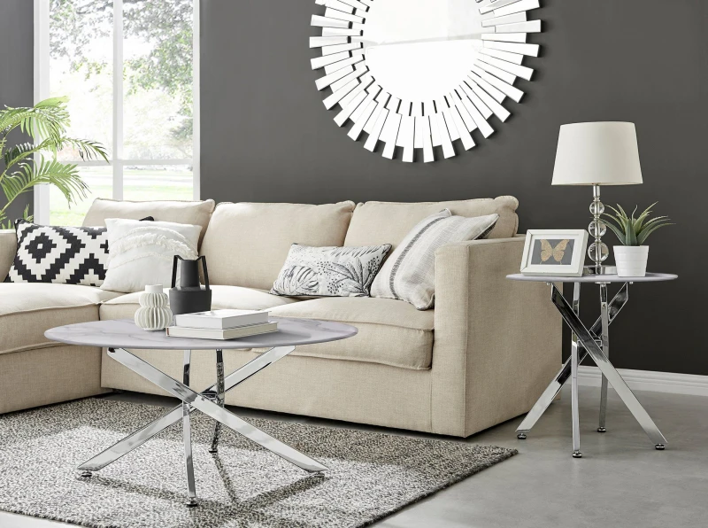Image of FurnitureboxUK FurnitureboxUK Novara Round Marble Effect Glass Top Coffee Table With Silver Metal Starburst Legs in White White One Size Unisex 505654