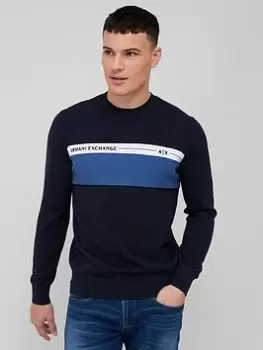 Image of Armani Exchange Colourblock Crew Neck Jumper, Navy Size M Men