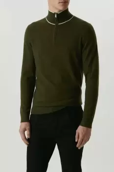 Image of Mens Super Soft Khaki Tipped 1/4 Zip Knitted Funnel Jumper