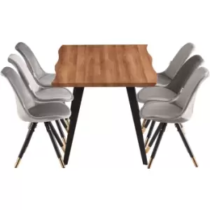 Image of 7 Pieces Life Interiors Sofia Rocco Dining Set - a Walnut Rectangular Dining Table and Set of 6 Dark Grey Dining Chairs - Dark Grey