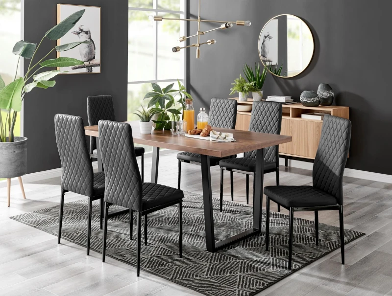 Image of FurnitureboxUK FurnitureboxUK Kylo Large Brown Wood Effect Dining Table & 6 Milan Black Leg Faux Leather Chairs Black One Size Unisex 5056657119898
