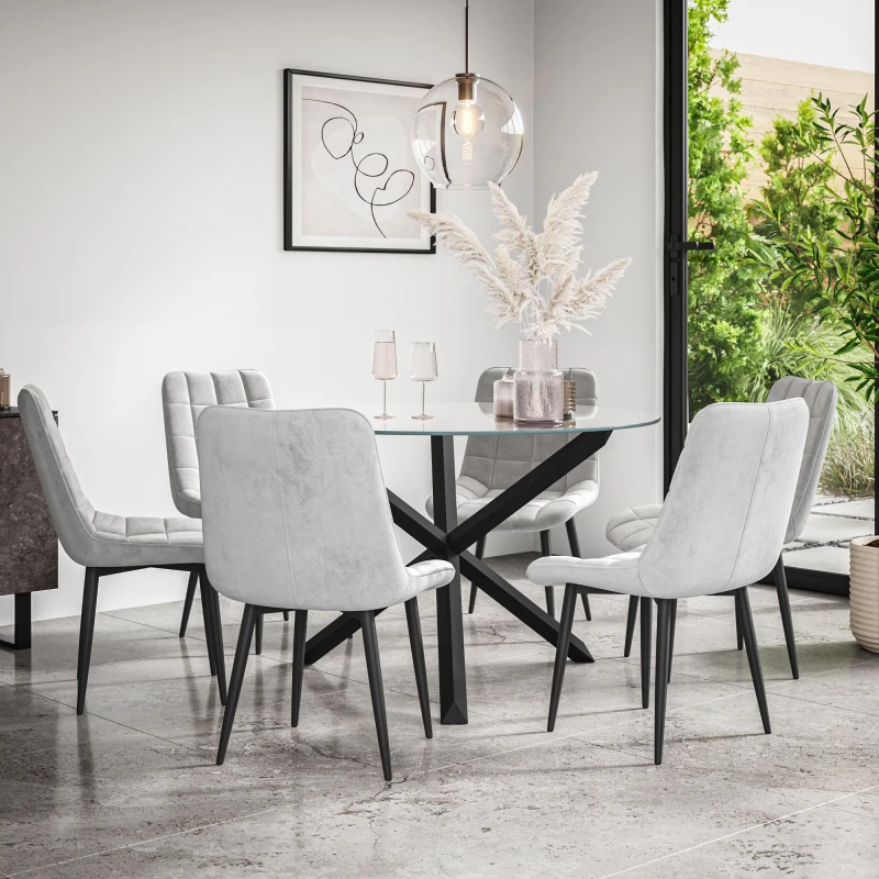 Image of More4Homes Malvern Round Dining Table And Chairs - Clear Glass Table Top W Solid Black Oak Legs + Nova Velvet Dining Chair Set Of 6 (Grey)