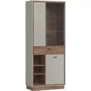 image of Rivero 3 Door 1 Drawer Open Shelves Wide Display Cabinet in Grey and Oak