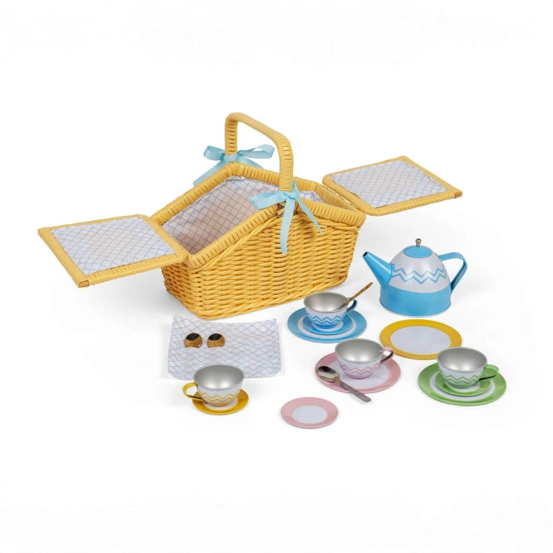 Image of Bigjigs Toys Set da picnic in cestino set da te pomeridiano per bambini accessori per giochi di finzione regali per bambini dai 3 anni in su