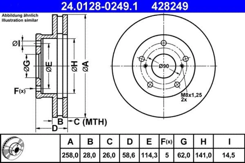 Image of ATE 24.0128-0249.1 Brake disc Vented, Coated Brake Disc (82)