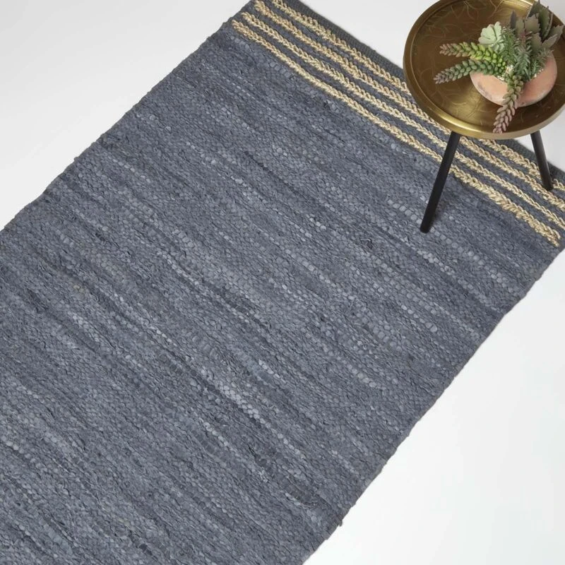 Image of HOMESCAPES Homescapes - Grey Recycled Leather Handwoven Stripe Rug, 90 x 150cm RU1412C