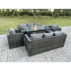 Image of Fimous 8 Seater Dark Grey Outdoor Rattan Gas Fire Pit Dining Complete Sofa Set with Heater