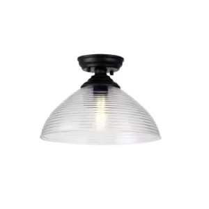 image of Dresden Flush Ceiling Lamp E27 With Round 33.5cm Prismatic Effect Glass Shade Matt Black, Clear