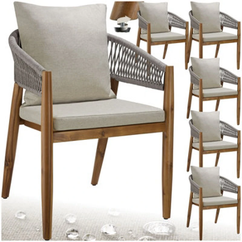 Image of Tectake Garden Chair Manacor In A Corded Design With Acacia Wood Frame And Matching Cushions - Greige - Set Of 6