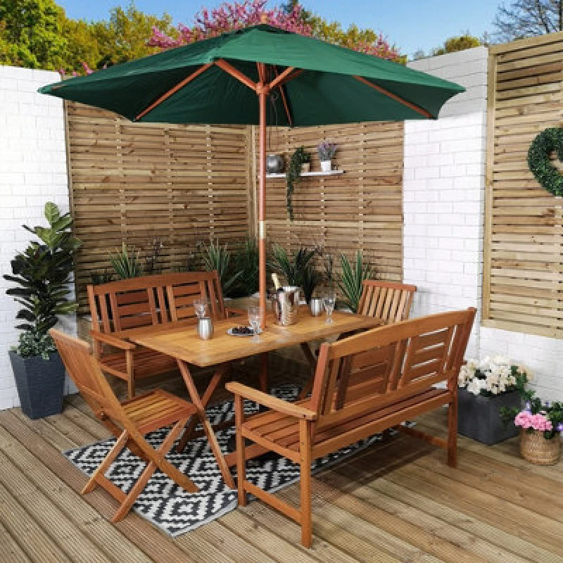 Image of Outdoor 6 Person Folding Rectangular Wooden Garden Patio Dining Table Chairs and 2 Benches Parasol and Base set