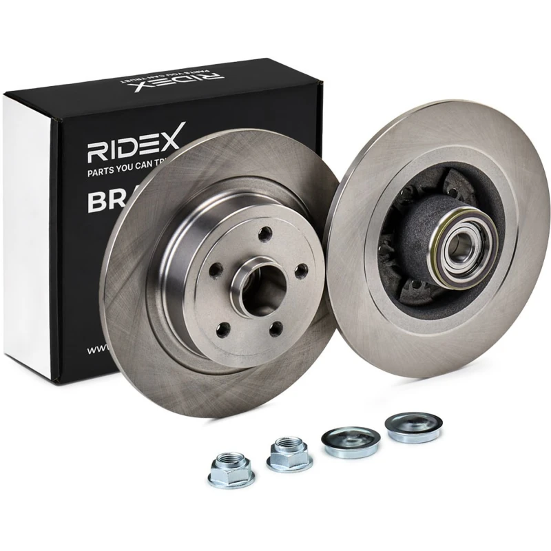 Image of RIDEX 82B1011 Brake disc Rear Axle, solid, Cast Iron, Uncoated, Untreated, with wheel hub Cast Iron Brake Disc (82)