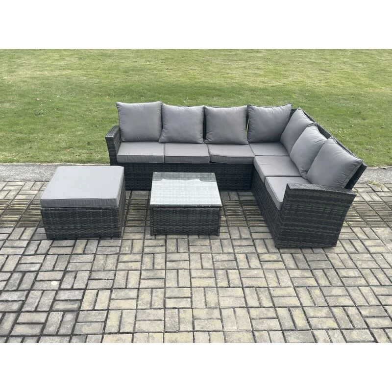 Image of Fimous Rattan Garden Furniture Set Outdoor Lounge Corner Sofa Set With Square Coffee Table Big Footstool 7 Seater in Dark Grey Dark Grey Unisex