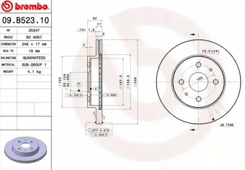 Image of BREMBO 09.B523.10 Brake disc PRIME LINE internally vented Brake Disc (82)