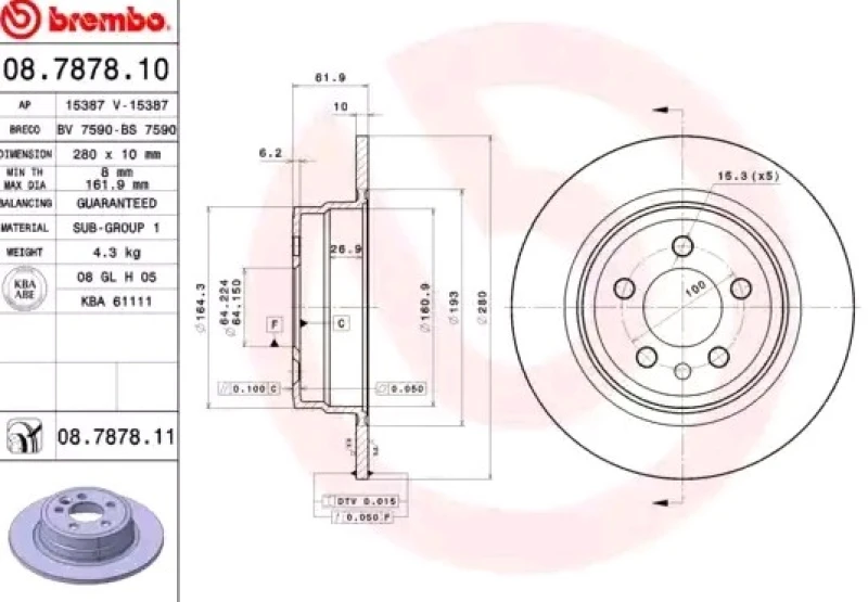 Image of BREMBO 08.7878.11 Brake disc solid, Coated Brake Disc (82)