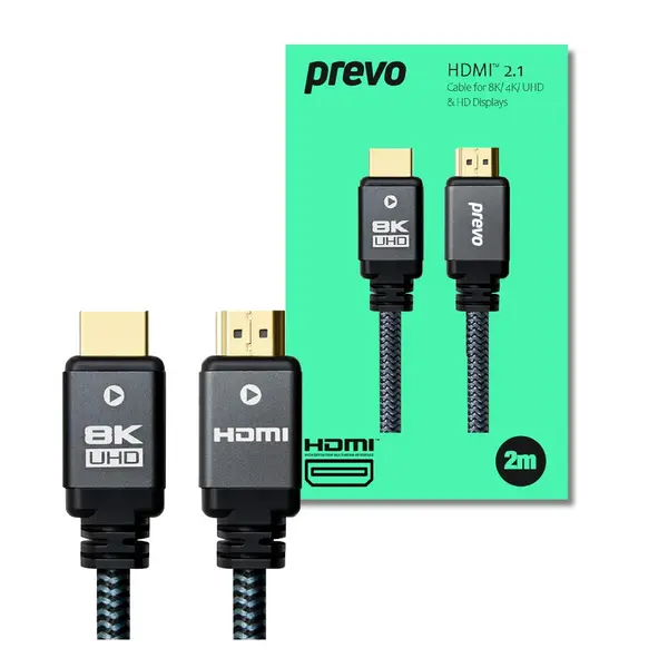 image of Prevo Prevo HDMI-2.1-2M HDMI Cable, HDMI 2.1 (M) to HDMI 2.1 (M), 2m, Black & Grey, Supports Displays up to 8K@60Hz, 99.9% Oxygen-Free Copper with Gol