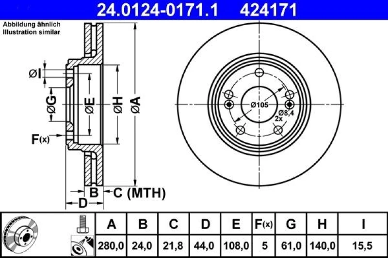 Image of ATE 24.0124-0171.1 Brake disc Vented, Coated, Alloyed/High-carbon, with bolts/screws Brake Disc (82)