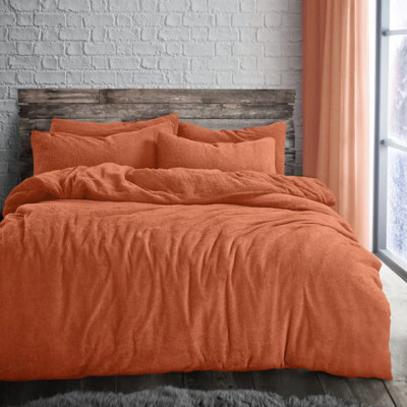 Image of Velosso Plain Teddy Warm & Cosy Duvet Cover & Pillowcase Set in Orange Size: Double Orange Unisex Double