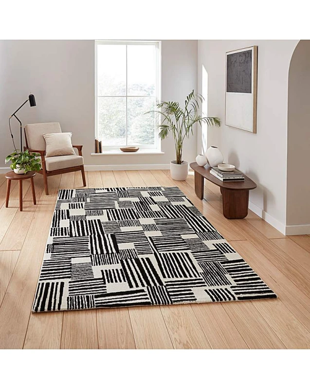 Image of Catherine Lansfield Blocks Modern Abstract Rug Black White