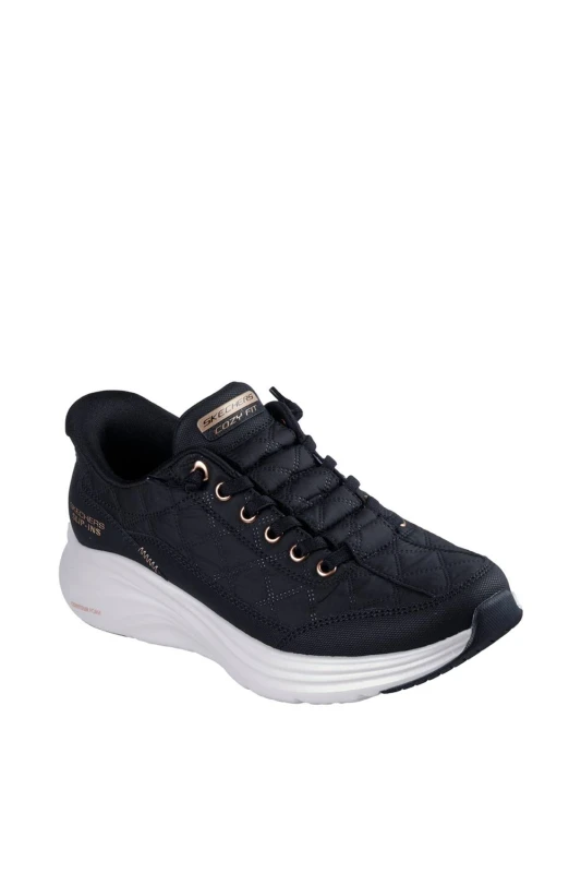 Image of Skechers Womens CONTOUR FOAM GOLDEN HOUR Cozy Fit Knotted Bungee Slip-Ins Black Size: 4 Black Female 4
