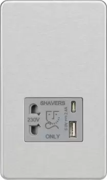 Image of KnightsBridge Shaver socket with dual USB A+C (5V DC 2.4A shared) - brushed chrome with grey insert