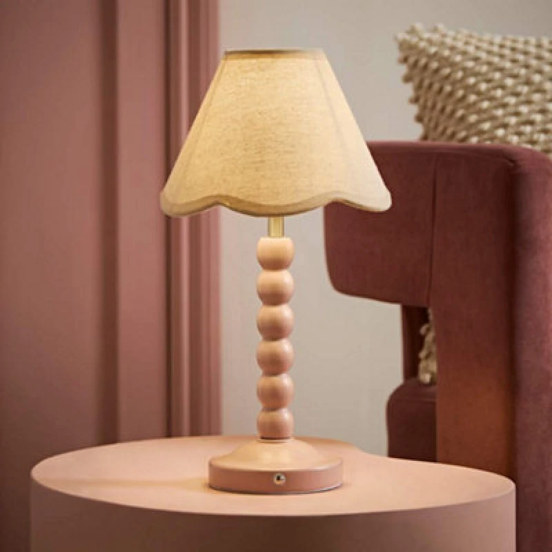 Image of Valuelights Bobble Linen Scallop Trim Shade Pink Rechargeable Wooden Table Lamp