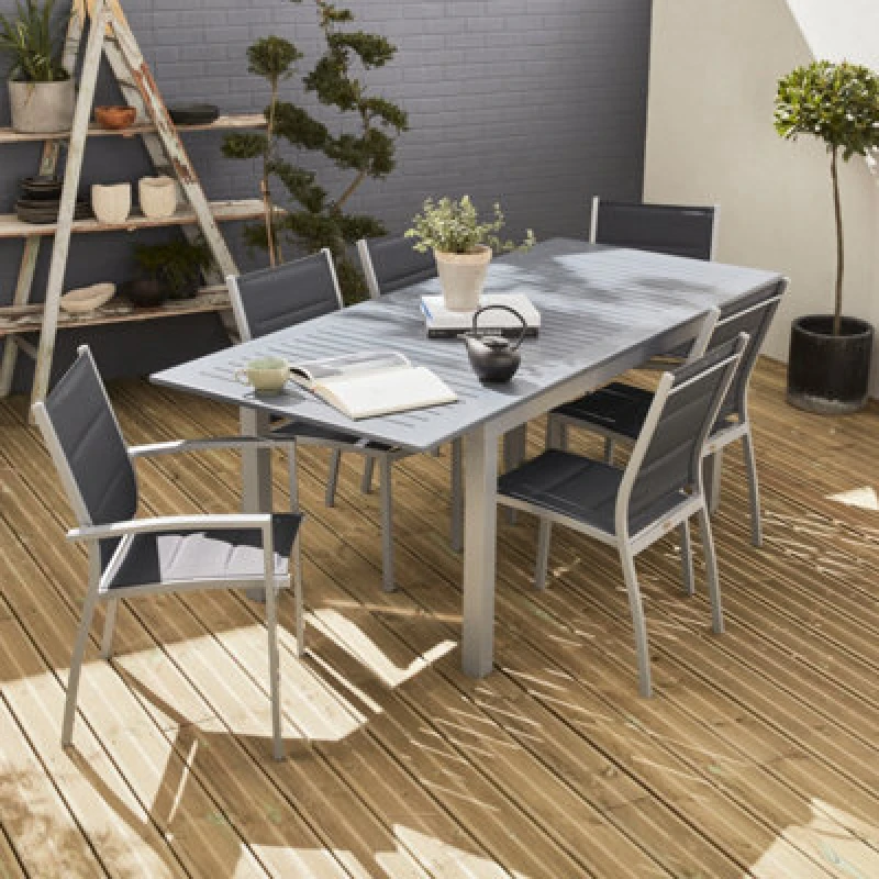 Image of Sweeek - 6-Seater Extendable Aluminium Garden Table With Chairs Grey 210X89X75cm - Chicago 6