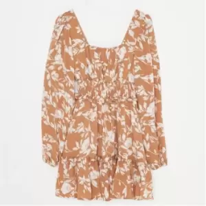 image of Missguided Petite Floral Print Frill Shirred Milkmaid Dress - Brown