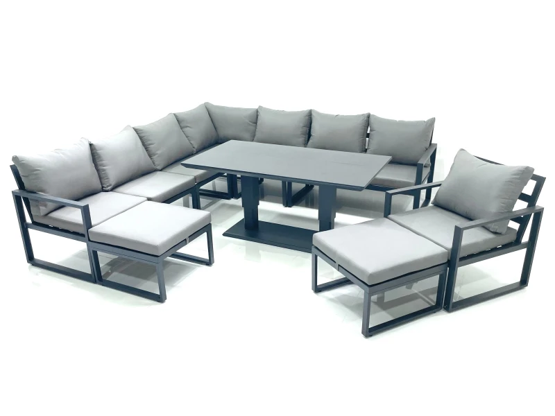 Image of Fimous 10 Seater Outdoor Aluminum Garden Furniture Set Corner Sofa Chair 2 Big Footstools Adjustable Rising Lifting Dining Table Sets Dark Grey Dark G