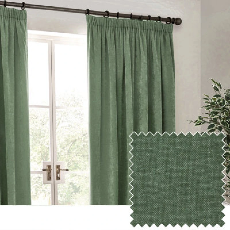Image of Yard Heavy Chenille Velvet Ready Made Pencil Pleat Curtains Eucalyptus