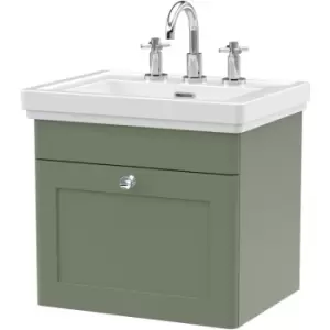 image of Nuie Classique Wall Hung 1-Drawer Vanity Unit with Basin 500mm Wide Satin Green - 3 Tap Hole