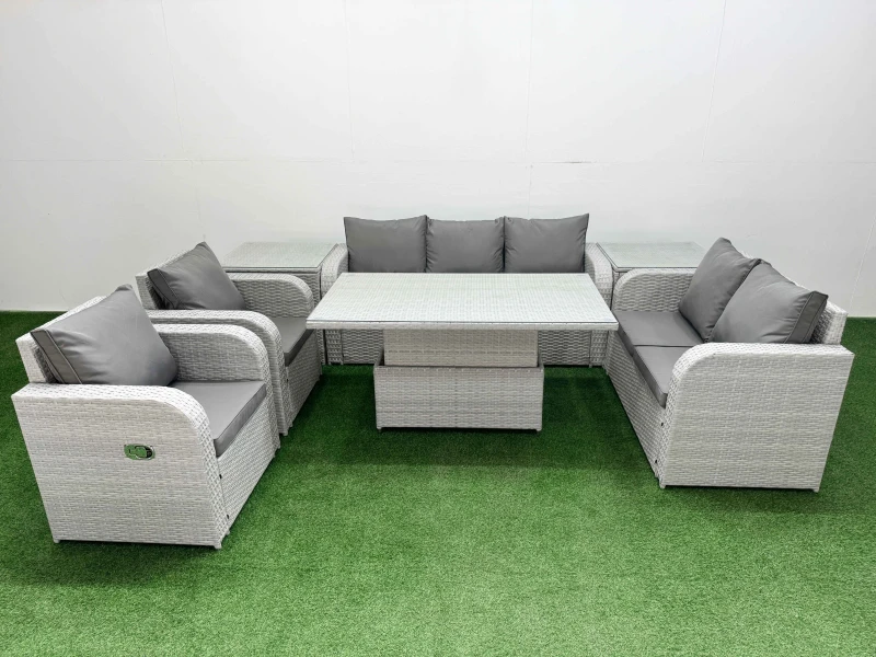 Image of Fimous PE Rattan Garden Furniture Set Reclining Chair Sofa Double Love Seat 2 Seater Sofa Lounge Set Adjustable Lifting Dining or Coffee Table 2 Side