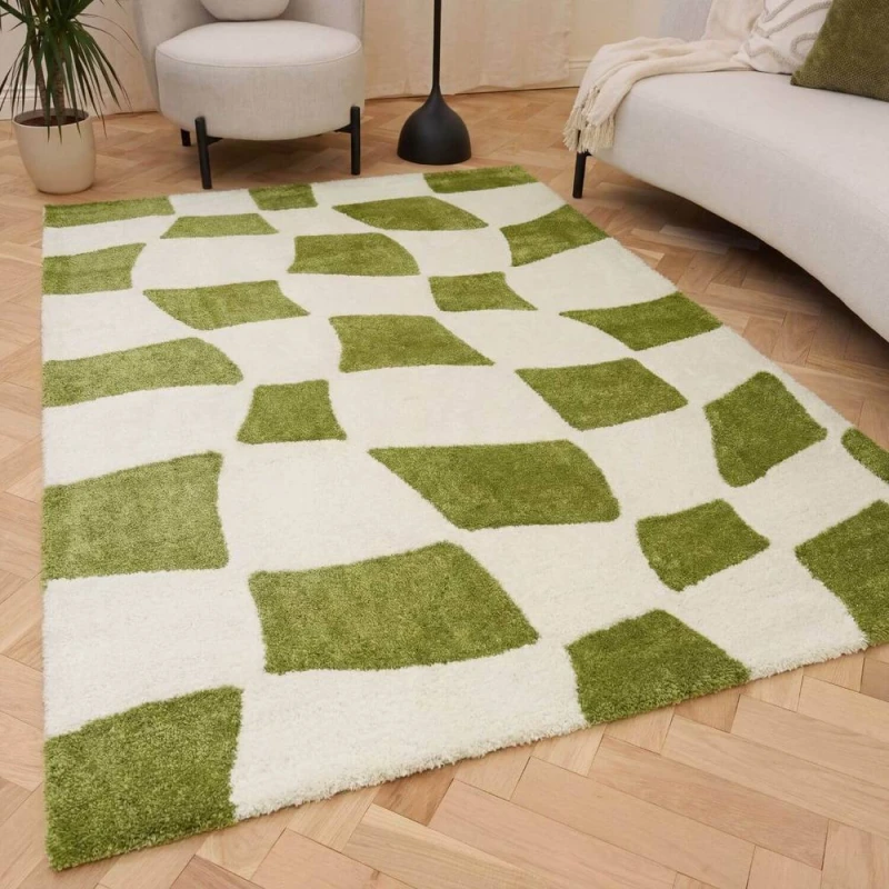 Image of THE RUGS Joli Chequered Soft & Dense Pile Living Room & Bedroom Rug in Olive Size: 80cm x 150cm Olive Unisex 80cm x 150 cm