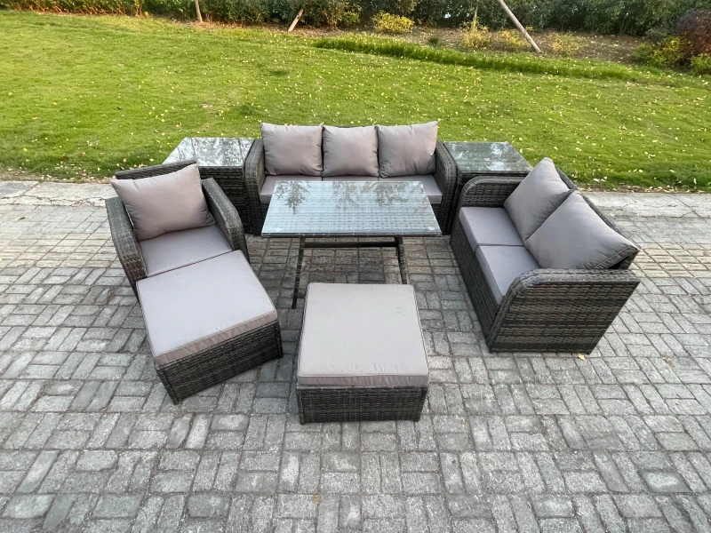 Image of Fimous 8 PCS Outdoor Lounge Sofa Set Wicker PE Rattan Garden Furniture Set with Rectangular Dining Table Armchair 2 Big Footstool 2 Side Tables Dark G