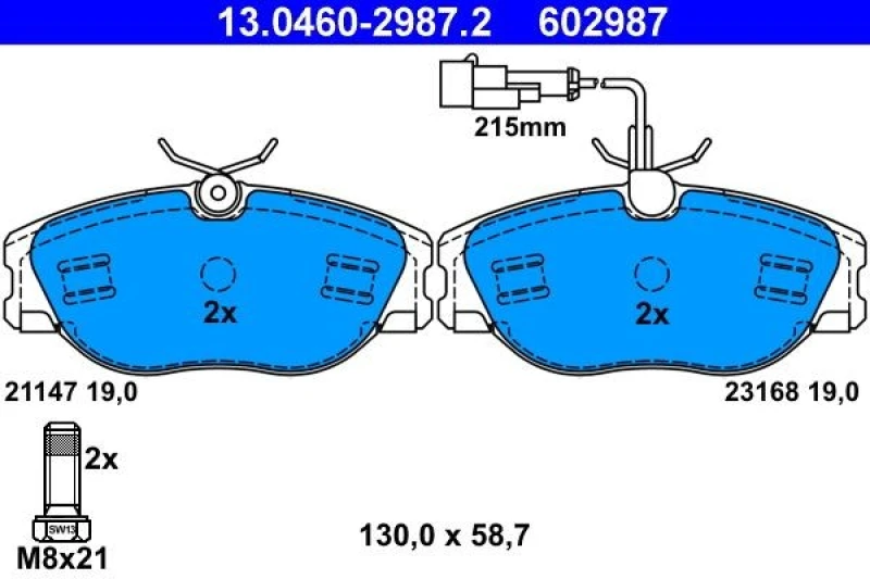 Image of ATE 13.0460-2987.2 Brake pad set incl. wear warning contact, with brake caliper screws Brake Pad Set,disc brake (402)