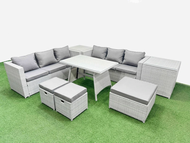Image of Fimous 9-seater Patio Rectangular Table 3 Seater Sofa Set with 2 Side Tables in Light Grey Light Grey Unisex