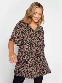 Image of Yours Pleat Swing Angel Sleeve Top Rust Ditsy Floral, Black, Size 16, Women