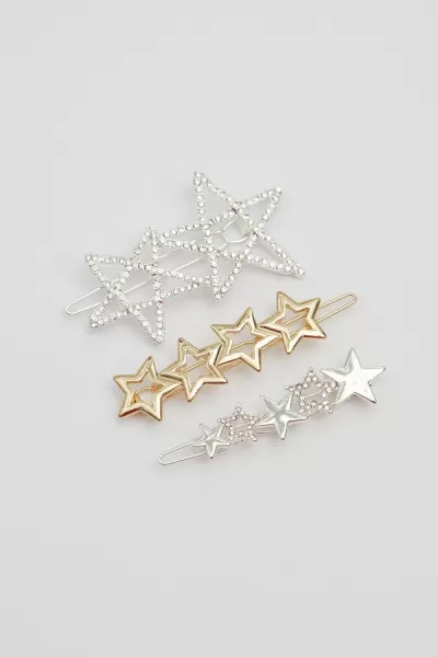 image of Two Tone Crystal And Polished Star Hair Slides - Pack of 3