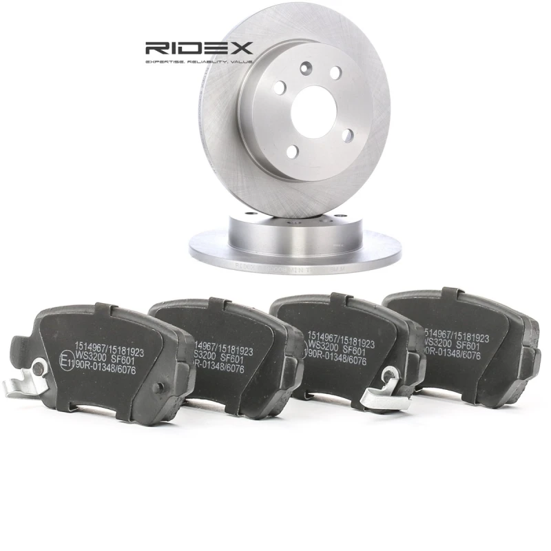Image of RIDEX 3405B3395 Brake disc and pads set Rear Axle, Brake Disc Type: Solid, with acoustic wear warning, with anti-squeak plate Brake Set,disc brakes (