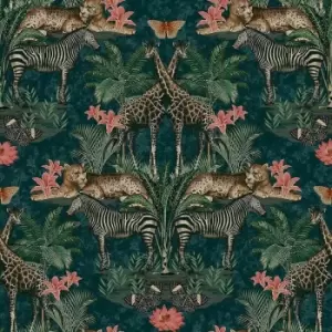 Image of Life Animal Kingdom Zebra Giraffes Leopards Jungle Green Pink Wallpaper - Grandeco
