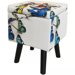 Image of BUTTERFLY - Contemporary Retro Square Padded Storage Stool - Cream / Multi - Black / Cream / Multi-coloured